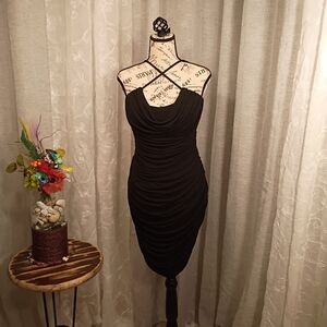 Klassy Network Black One-Shoulder Ruched Dress with Crisscross Straps